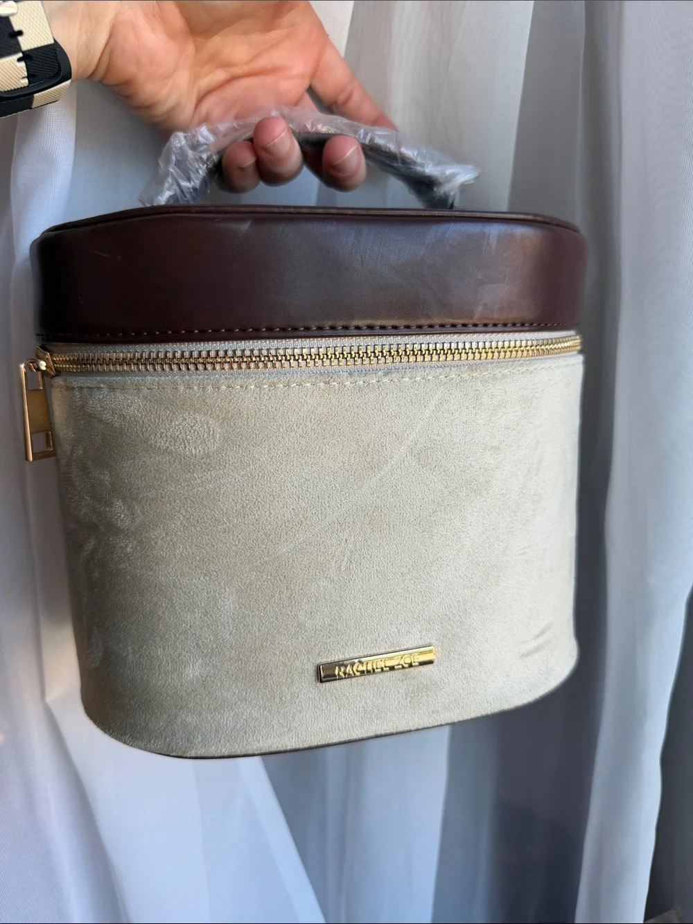 Rachel Zoe Cream Suede and Brown Leather Cosmetic Case with Gold Hardware